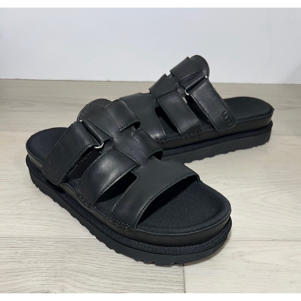 NEW UGG GOLDENSTAR HI SLIDE LEATHER BLACK PLATFORM SANDALS Sz 8 - Picture 2 of 10